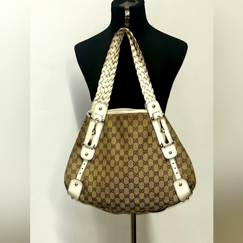 Gucci GG Canvas w Cream Braided Leather Hobo LG